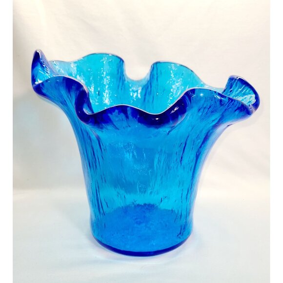 Murero Italian Recycled Glass handkerchief vase/bowl in deep aqua, Empoli Italy - Picture 4 of 7